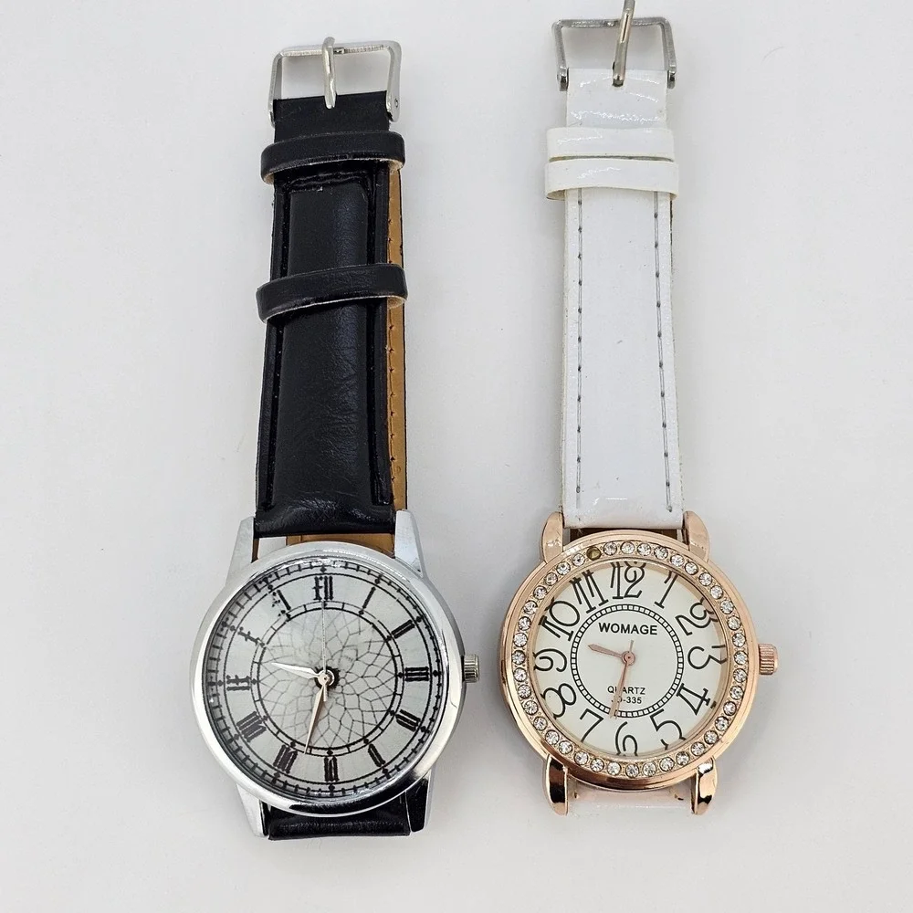 2X Women's Watch 38MM Gray Cream Dial Black White Faux Leather Bands NEW Battery